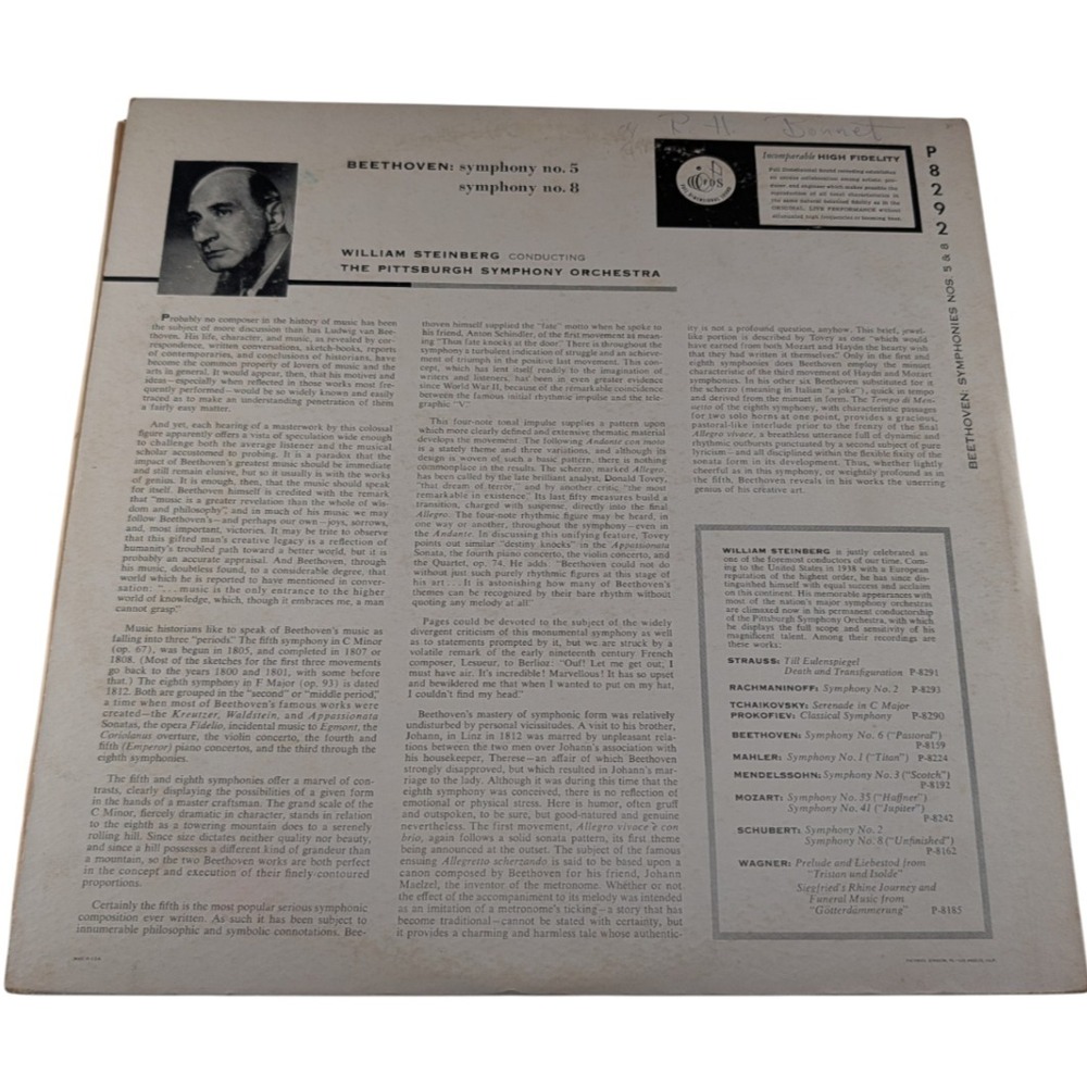 Beethoven Symphonies 5 And 8 Steinberg Capitol p 8292 1955 US Mono Lp VG/VG - Picture 2 of 10
